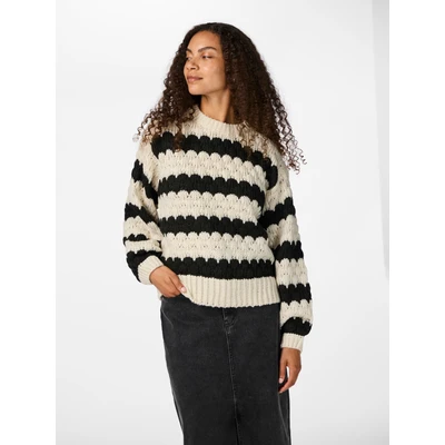 Abbildung von Y.A.S Damen YASBUBBA LS Knit Pullover S. NOOS Strickpullover, Birch/Stripes:Black, Large
