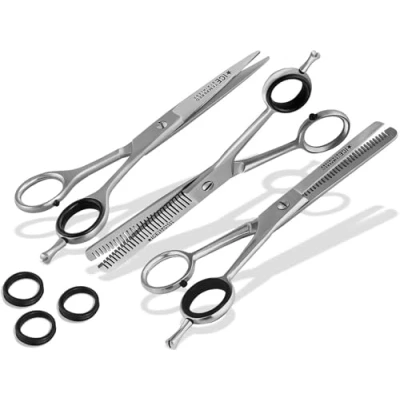 Abbildung von 3 teiliges Haarscheren Set mit Friseurschere Mikroverzahnung Modellierschere Effilierschere Haarschneideschere ICE Tempered aus rostfreiem Edelstahl