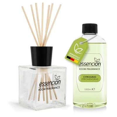 Abbildung von essencion Citro Gras Raumduft Set Glas Diffusor + 1000ml Refill In 14 verlockenden Düften erhältlich (Citro 200ml+1000ml)