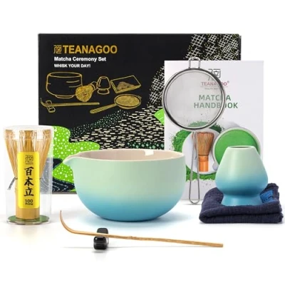 Abbildung von TEANAGOO Matcha Set Besen Tea Schale setMatcha mit Ausgießer Bambus Whisk 7 Stück Teezeremonie Set,N31,Farbverlauf Blau