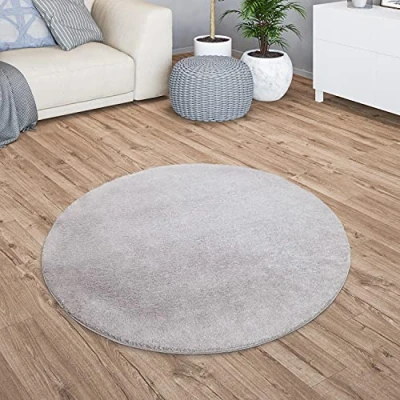 Abbildung von TT Home Teppich Wohnzimmer Kurzflor Anti Rutsch Rückseite Einfarbiges Design Waschbar, Farbe: Grau, Größe:120 cm Rund