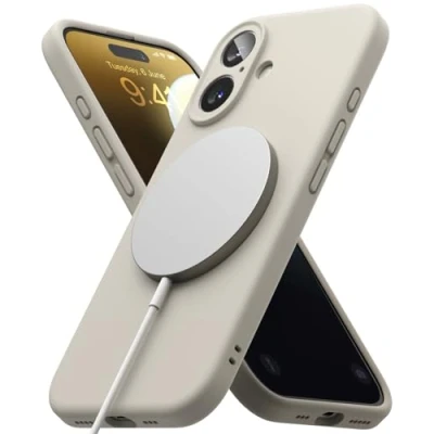 Abbildung von Ringke Silicone Magnetic Case [Kompatibel mit MagSafe] für iPhone 16 Hülle, Weiche Beschichtung Anti Kratzer Schlank Leicht Schutz Handyhülle Magnet Ladegerät/Zubehör Stone