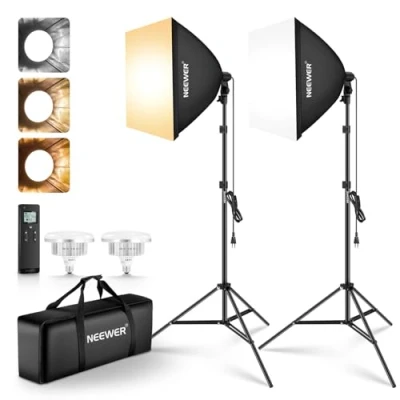 Abbildung von NEEWER 24&quot;x24&quot; Softbox Beleuchtungsset mit Stativständern, 2er Pack, 45W zweifarbige 2,4G LED Glühbirnen, 10 Kanäle, 2900K 7000K, 1400Lux/m, CRI95, 20m Fernbedienung, Fotografie Dauerlicht kit, NK103