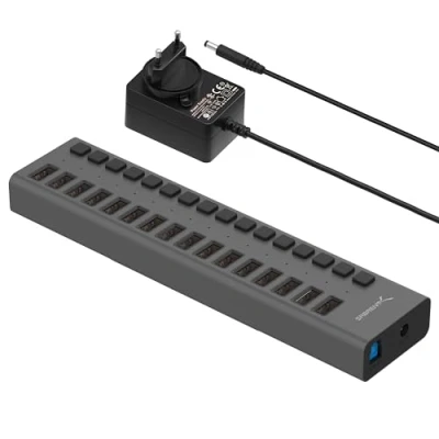 Abbildung von SABRENT 2 in 1 (USB Ladegerät und USB Hub) 90W Mehrfach Schnellladegerät mit Netzteil, Multiple Ladestation 3.2x1 Powered Hub EIN/AUS schaltern (HB PU16)