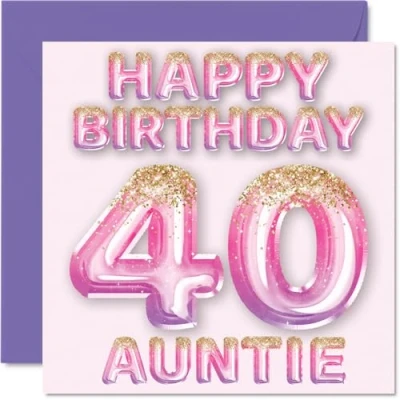 Abbildung von Stuff4 Geburtstagskarte zum 40. Geburtstag für Tante rosa &amp; lila Glitzerballons Happy Birthday Karten 40 Jahre alte von Neffe Nichte, 145 mm x
