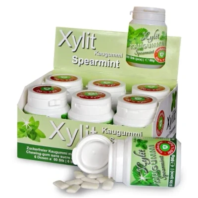 Abbildung von Xylitquelle Zahnpflegekaugummi SPEARMINT 6 x 80 Stk 100% Xylit für angenehmen Atem zuckerfrei, vegan, ohne Aspartam 480 Kaugummis (6er Pack)