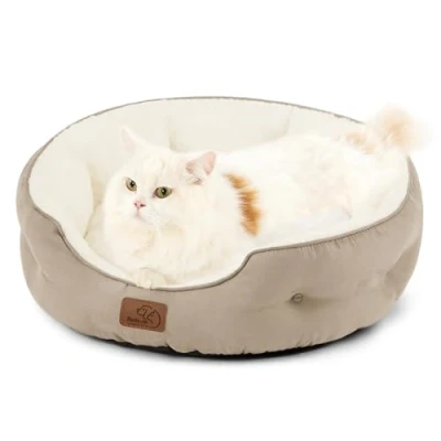 Abbildung von BEDSURE Katzenbett waschbar Katzen Bettchen 51x48x15cm Bett mit zweiseitig Innenkissen Katzenschlafplatz für oder kleine Hunde, Kamel