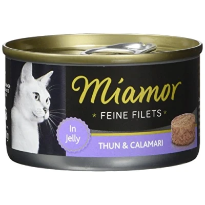 Abbildung von MIAMOR Feine Filets in Jelly Nassfutter für ausgewachsene Katzen mit Filetstückchen Jelly. Fettarmes Ergänzungsfutter der Dose ohne Zusatzstoffe 24x100g Thunfisch &amp; Calamari