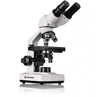 Abbildung von Bresser biologisches Durchlicht Mikroskop, Erudit Basic Bino 40x 400x, Grob und Feinfokussierung, sowie Kreuztisch (koaxial), LED (Batterie oder Akku), Abbe Kondensor, Smartphonehalter Koffer