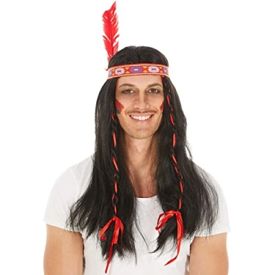 Abbildung von dressforfun Perücke schwarz mit 2 Zöpfen und eingearbeiteten roten Bändern 70cm Indinaer Apache Fasching