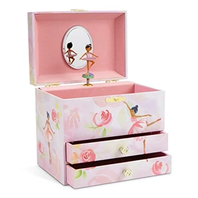 Abbildung von Jewelkeeper Ballerina und Rosen Spieluhr Schmuckschatulle für Mädchen, 2 Ausziehfächer Schwanensee Melodie
