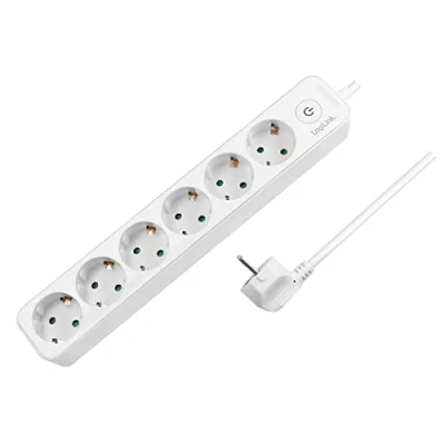 Abbildung von LogiLink LPS247 Steckdosenleiste 6 Fach (6X CEE 7/3) mit EIN /Aus Schalter und IP20 Schutz, Kabellänge = 1,5m, weiß