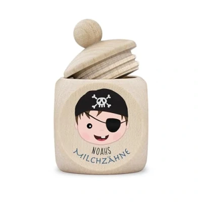 Abbildung von Zahndose Milchzähne Junge modern Dose Holz personalisiert Druck Name Pirat