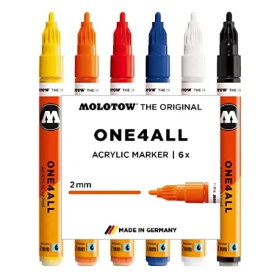 Abbildung von Molotow One4All 127HS Acryl Marker Basic Set 1 (2,0 mm Strichstärke, hochdeckend und permanent, UV beständig, für fast alle Untergründe) 6 Stück sortiert, weiß