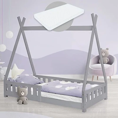 Abbildung von ML Design Kinderbett Tipi 80x160 cm Hellgrau mit Matratze, Rausfallschutz &amp; Lattenrost, aus Kiefernholz, Indianer Bett Massivholz für Mädchen Jungen, Hausbett Zaun, Jugendbett Spielbett Holzbett