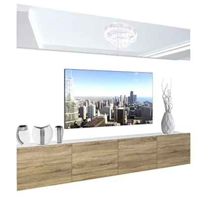 Abbildung von BELINI Wohnwand Vollausstattung Wohnzimmer Set Moderne Schrankwand mit LED Beleuchtung Anbauwand TV Schrank Weiß/Sonoma Eiche
