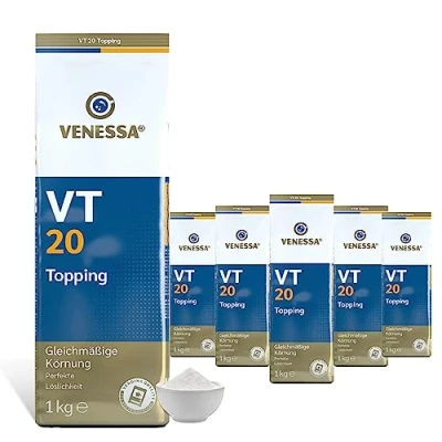 Abbildung von Venessa VT20 Topping Pulver, 5 x 1kg Milchpulver für perfekten Milchkaffee und Cappuccino, 5er Vorratspackung, Kaffeevollautomaten &amp; Vending geeignet (20% Magermilchpulver)