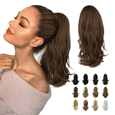 Abbildung von Sofeiyan 33cm Pferdeschwanzverlängerung Langer lockiger Pferdeschwanz Clip in Klaue Haarverlängerung Natürlich aussehendes synthetisches Haarteil für Frauen, Mittelkastanienbraun