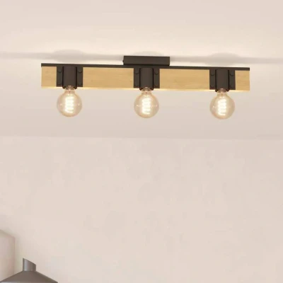 Abbildung von Eglo 43901 Deckenleuchte BAILRIGG Stahl schwarz, Holz braun E27 3X40W L:65.5cm B:10cm H:4.5cm dimmbar
