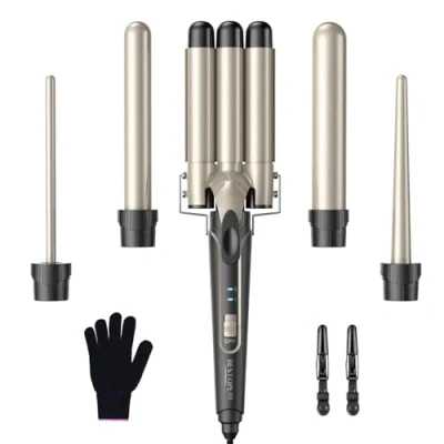 Abbildung von Lockenstab set 5 in 1 Welleneisen Lockenstäbe 3 Fässer für Große Keine Locken Keramik Lockenwickler mit Verschiedenen Aufsätzen Temperatureinstellung Schnelle Erwärmung Handschuh und 2 Clips