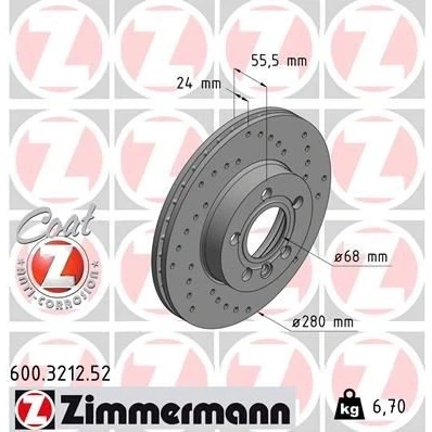 Abbildung von ZIMMERMANN SPORT COAT Z 600.3212.52 Bremsscheibe 280 24 6/5 5 112 innenbelüftet, gelocht beschichtet VOLKSWAGEN: TRANSPORTER 4 Bus