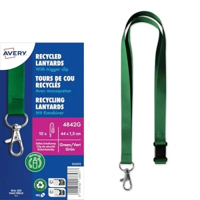 Abbildung von AVERY Zweckform 4842G Lanyard 10 Stück (44x1,5cm, Kartenhalter mit Karabinerhaken Sicherheitsverschluss, Schlüsselband für Ausweishülle, Kartenhülle, Namenschilder, Umhängeband, Nackenband) grün