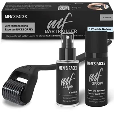 Abbildung von Bart Roller Set inkl. Dermaroller mit ECHTEN Nadeln für Männer Beard Growth Booster Serum mehr Bartwuchs &amp; schnelleres Wachstum der Haare Bartpflege Kit Bartroller Herren Men&#039;s Faces