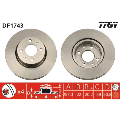 Abbildung von TRW DF1743 Bremsscheibe 257,5 22 4 98 Belüftet lackiert ALFA ROMEO: 164
