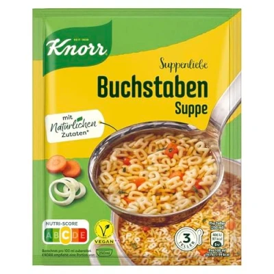 Abbildung von Knorr Suppenliebe Buchstaben Suppe leckere Nudelsuppe mit natürlichen Zutaten 3 Teller