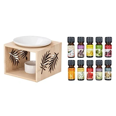 Abbildung von levandeo Duftlampe inkl. 10 Duftöle Holz Bambus Natur Weiß Keramik Palmenblatt Blatt Quadratisch Aromaspender Öllampe Aromalampe