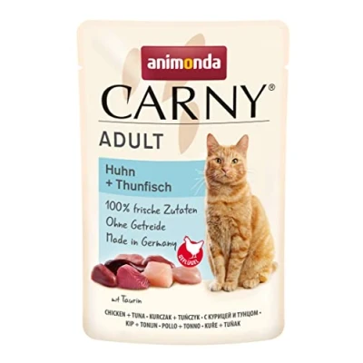 Abbildung von Carny Katzenfutter nass Pouch Huhn + Thunfisch (12x85g) Katzen Nassfutter ohne Getreide und Zucker für ausgewachsene von animonda mit frischen fleischlichen Zutaten, praktische Portionsbeutel