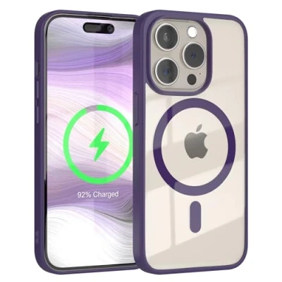 Abbildung von EAZY CASE Crystal TPU Hülle kompatibel mit iPhone 15 Pro Qi Charging, Silikon Kameraschutz, Slimcover, Handyhülle, Silikonhülle, Backcover, Durchsichtig, Transparent/Lila