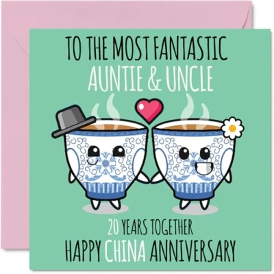 Abbildung von Stuff4 Süße China Jubiläumskarte für Tante und Onkel 20 Jahre zusammen Glückwunschkarten zum 20. Hochzeitstag Tante, 145 mm x Grußkarten zwanzigsten Jubiläen