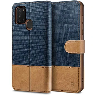 Abbildung von BEZ Handyhülle für Samsung A21s Hülle, Tasche Kompatibel Galaxy A21s, Schutzhüllen aus Klappetui mit Kreditkartenhaltern, Ständer, Magnetverschluss, Blaue Marine