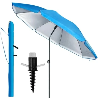 Abbildung von 4smile Sunnyjoy Sonnenschirm Strand 3 IN 1 Set Strandschirm windfest stabil, UPF 50+ Robuster mit Bodenhülse &amp; Schutzhülle, Ø 180 cm, Fb. Blau