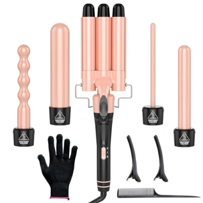 Abbildung von OBVHNUA 5 in 1 Lockenstab 3 Fässer Welleneisen 9 32mm Keramik Lockenwickler 2 stufig einstellbare Temperatur 150 230C schnelles Aufheizen 2m 360 drehbares Kabel mit Handschuh, Kamm und Haarnadeln
