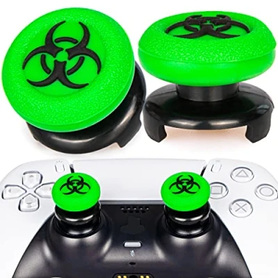 Abbildung von Playrealm FPS Thumbstick Extender &amp; 3D Textur Gummi Silikon Griffabdeckung Thumb Grip Aufsätze 2 Sätze für PS5 Dualsenese PS4 Controller(Bioh Grün)