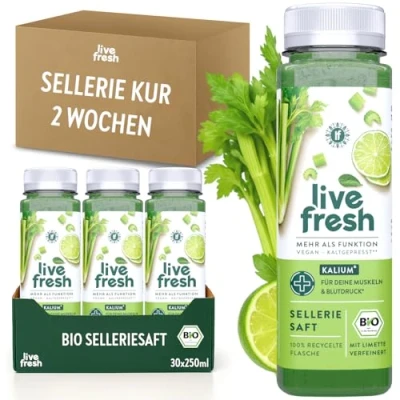 Abbildung von LiveFresh Sellerie Saftkur 2 Wochen 28 kaltgepresste BIO Selleriesäfte 97% Selleriesaft, 3% Limettensaft Ohne Zuckerzusatz Frischer Gemüsesaft mit Kalium, Calcium &amp; Vitamin K Inkl. 7 Pfand