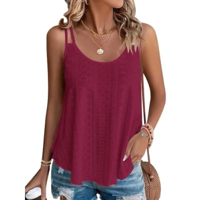 Abbildung von WNEEDU Damen Tank Tops Sommer Spaghetti Cami Oberteile Ärmellose Rundhalsausschnitt Blusen Top Shirts Burgund S