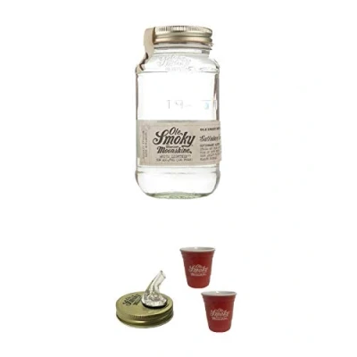 Abbildung von Ole Smoky Moonshine White Lightnin (100 proof) im 0,5 Liter Glas + Ausgiesser Shot Becher rot 2 Stück