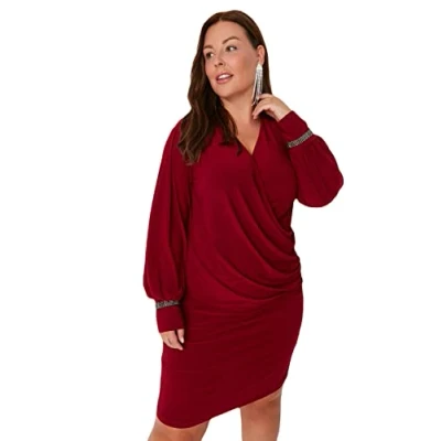 Abbildung von Trendyol Women&#039;s Woman Übergröße Midi Skater V Ausschnitt Webstoff Größen in Kleid Dress, Schwarz, XXL