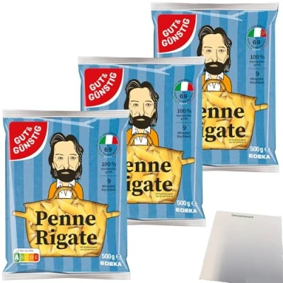 Abbildung von Gut&amp;Günstig Nudeln Penne Rigate Pasta aus Italien 3er Pack (3x500g Beutel) + usy Block