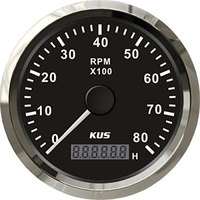 Abbildung von KUS Universal Tachoanzeige mit Stundenzähler 8000 U/min für 85mm 12V/24V Benzinmotor Hintergrundbeleuchtung (Schwarz)