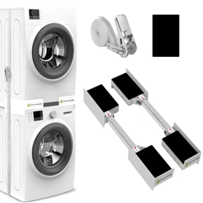 Abbildung von NIUXX Universal Zwischenbaurahmen, Verbindungsrahmen für Waschmaschine und Trockner mit Zurrgurt, einstellbare Größe 44.5 64 cm, Stapelhalterung platzsparende Waschmaschinen Kombinationen