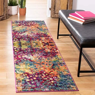 Abbildung von SAFAVIEH Boho Teppich für Wohnzimmer, Esszimmer, Schlafzimmer Monaco Collection, Kurzer Flor, Pink und Multi, 80 x 180 cm
