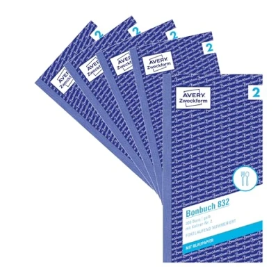Abbildung von AVERY Zweckform 832 5 Bonbuch (105x198mm, 1.500 Bons mit Kellner Nr. 2, einem Blatt Blaupapier und je Durchschlag, Blöcke 300 Stück, ideal für den Gastronomiebedarf) gelb/weiß