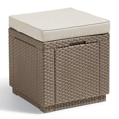 Abbildung von Allibert by Keter Cube Hocker mit Stauraum, cappuccino, inkl. Kissen, Deckel abnehmbar, flache Rattanoptik, wetterfest, 42x42x39cm
