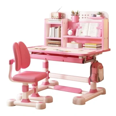 Abbildung von yoakaiax Kinder Schreibtisch und Stuhl Set, höhenverstellbar, Kinderschreibtisch mit Stuhl, Kinderschul Set Sitzkorrektur, ergonomischer Schreibtischstuhl Buchständer, Fußpedal,