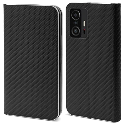 Abbildung von Moozy Hülle für Xiaomi 11T und Pro, Schwarz Carbon Metallischer Kantenschutz Klapphülle Handyhülle mit Kartenfach Standfunktion