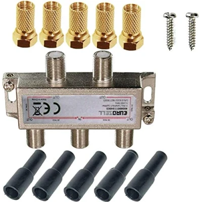 Abbildung von TronicXL Sat Splitter 4 Fach HD tauglich digital Antennenverteiler TV Verteiler + F Stecker Adapter mit Wetterschutz DC Durchlass kompatibel für DVBT DVBC Unitymedia Vodafone Kabelfernsehen
